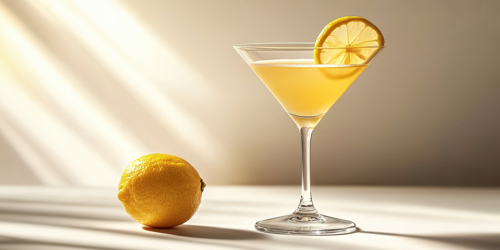 Bright yellow cocktail garnished with a lemon slice sitting beside a fresh lemon on a table with soft lighting